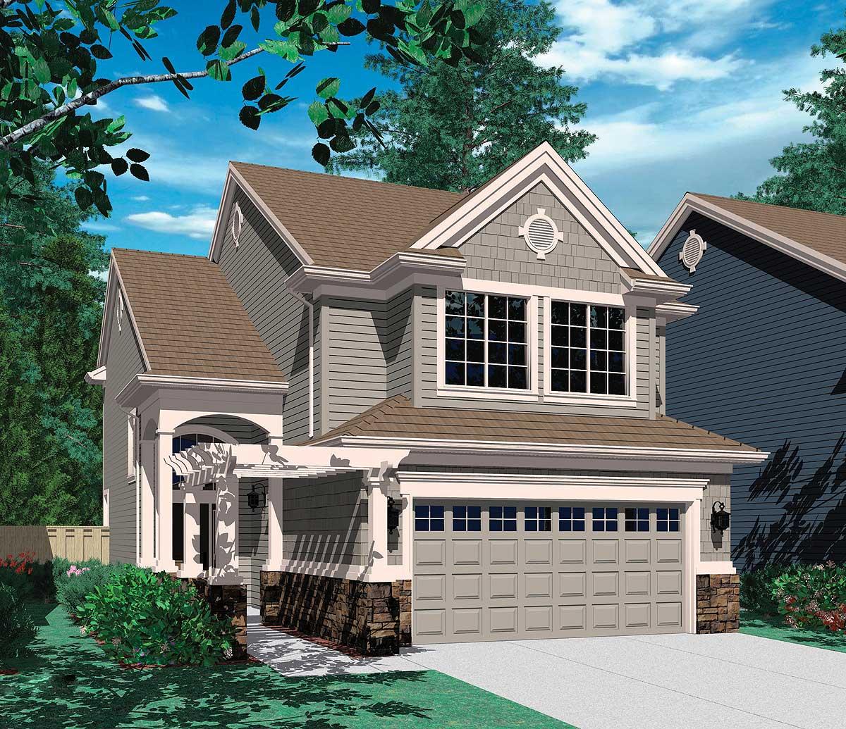 House plan exterior: two-story home with dual gables, sided exterior, and a two-car garage.