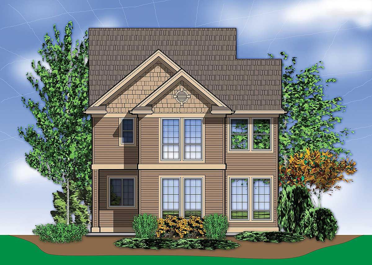 House plan exterior: two-story home with prominent gabled dormer, shingle siding, and multipaned windows.