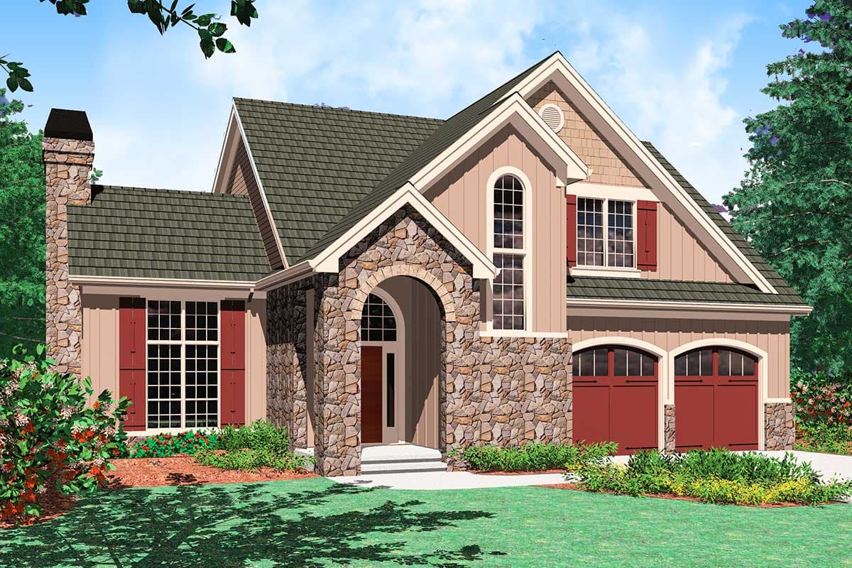 House plan exterior with stone accents, arched entryway, gable dormer, and double garage with arched doors.