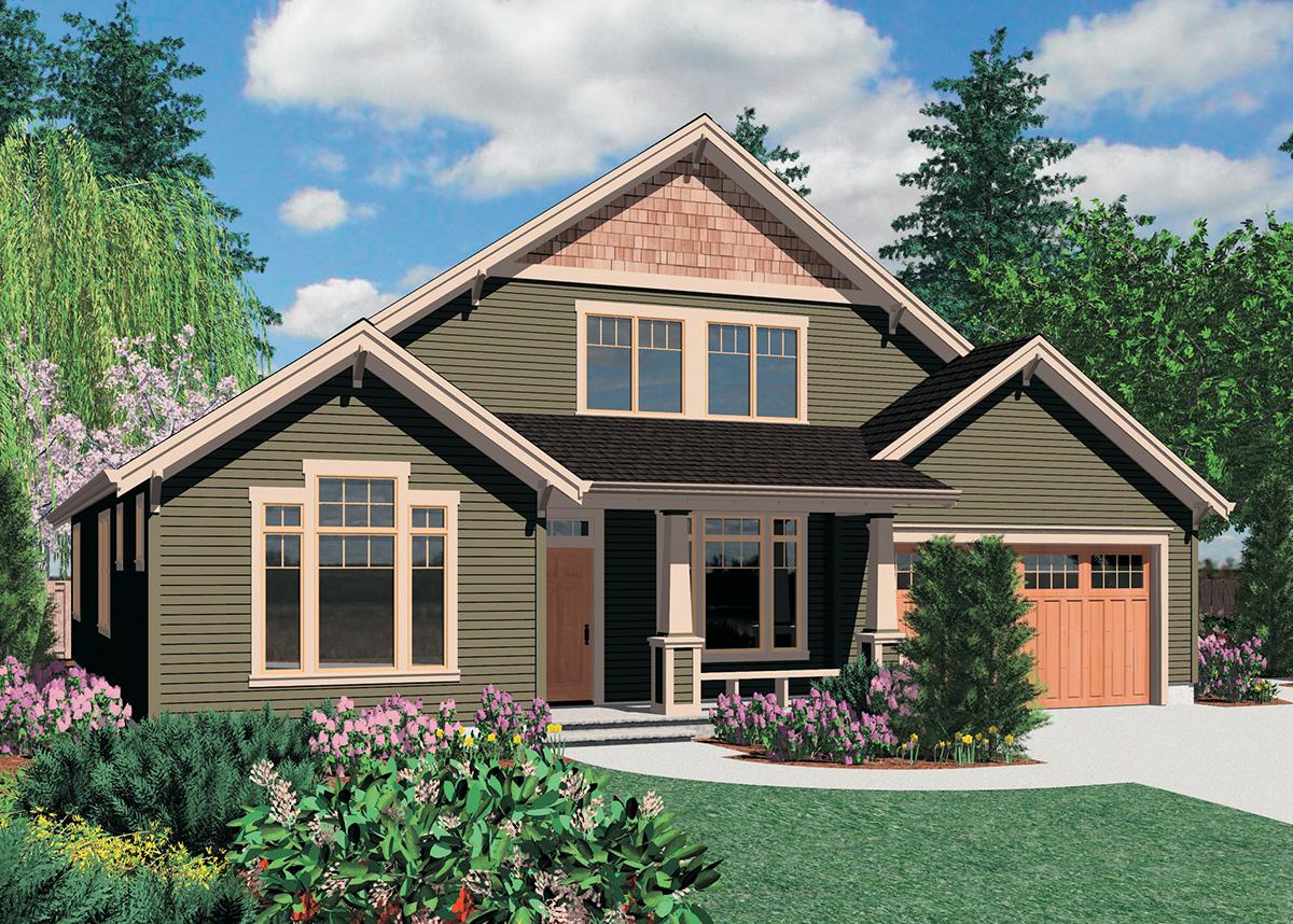 Craftsman house plan exterior with two stories, gabled roof, wide eaves, and a covered front porch.