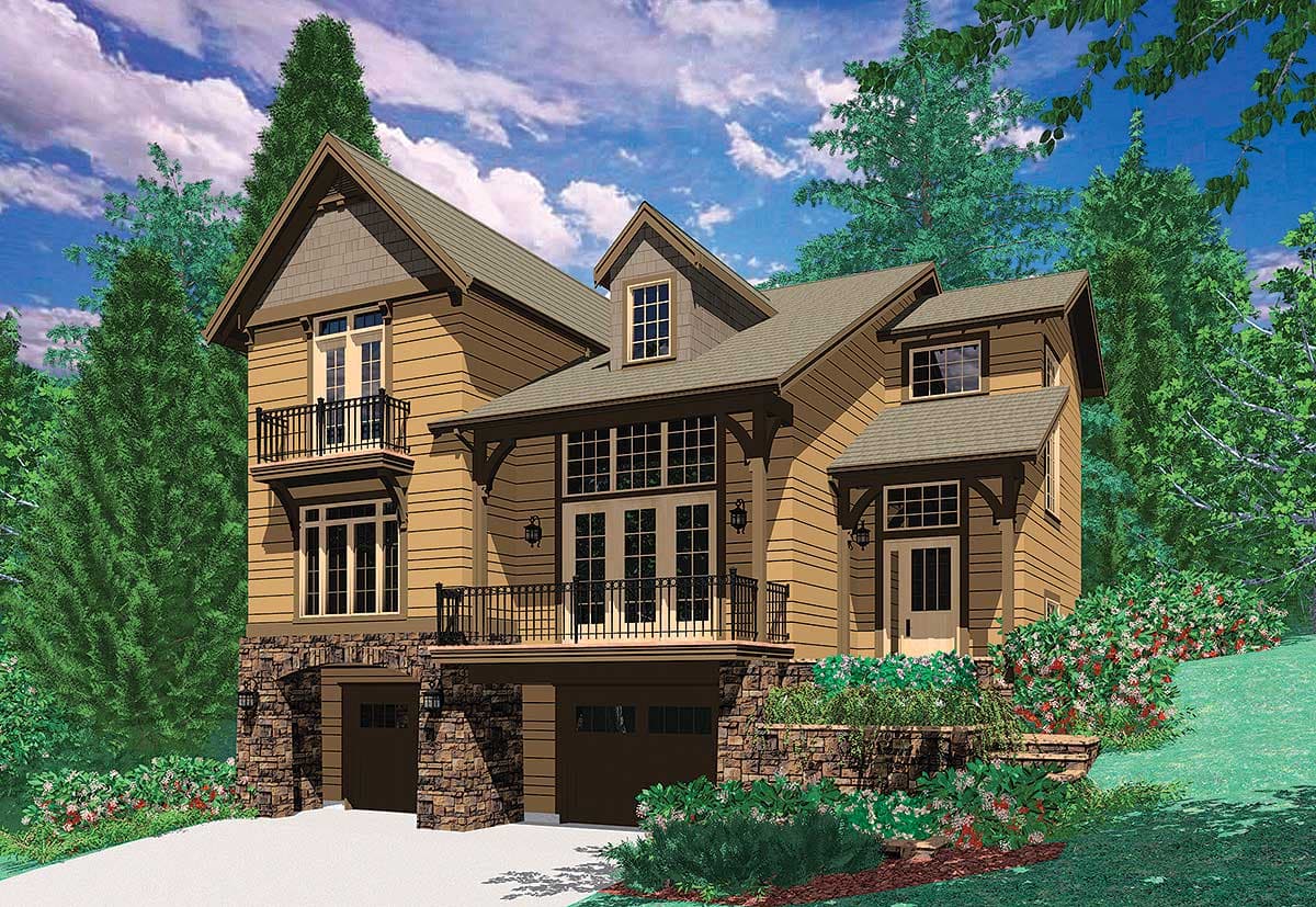 House plan exterior: Three-story home with multiple gables, balconies, stone-clad garage entrances, and a prominent central window wall.