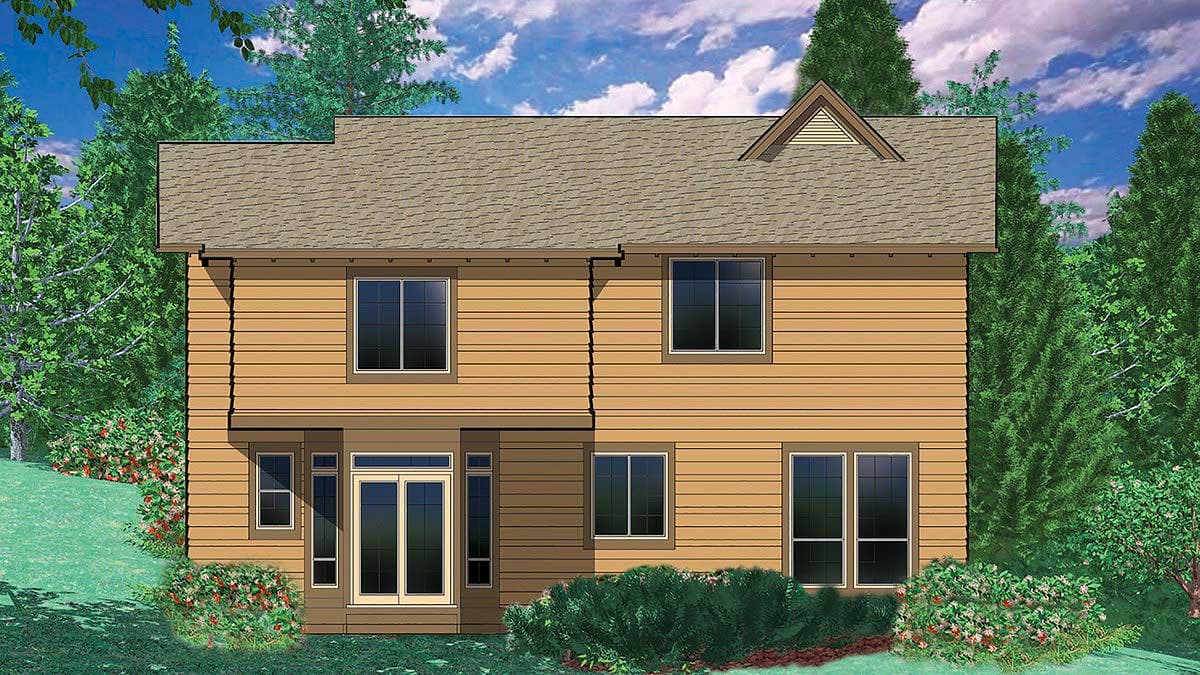 House plan exterior: Two-story home with horizontal siding, a prominent gable dormer, and a central covered entry with double doors.
