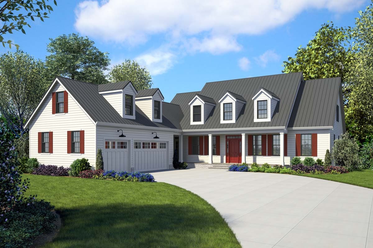 House plan exterior: Modern Farmhouse style, 1.5 stories, white siding, metal roof, dormers, covered porch, and attached garage.