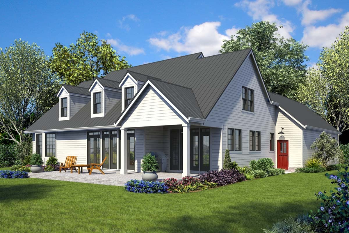 House plan exterior: Modern Farmhouse style, two stories, with gables, dormers, covered porch, and a red entry door.