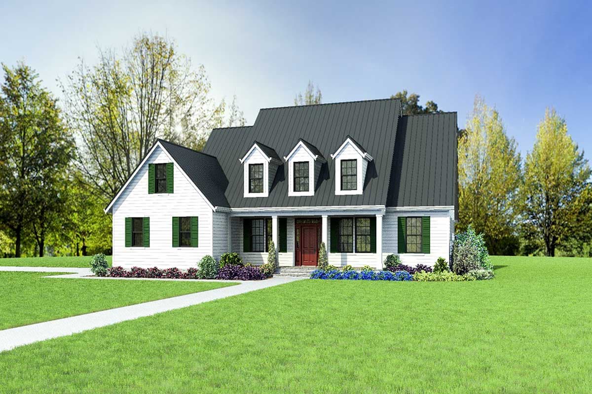 House plan exterior: Modern Farmhouse style, two stories, white siding, metal roof, covered porch with dormer windows.