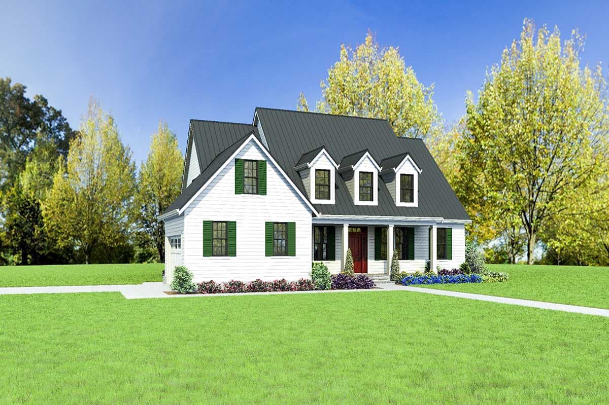 House plan exterior featuring a two-story white structure with green shutters, a metal roof, dormers, and a covered front porch.