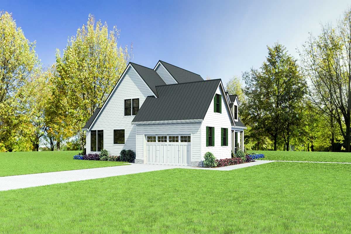 Modern Farmhouse style house plan exterior with a two-car garage, multiple gables, and dark metal roof.