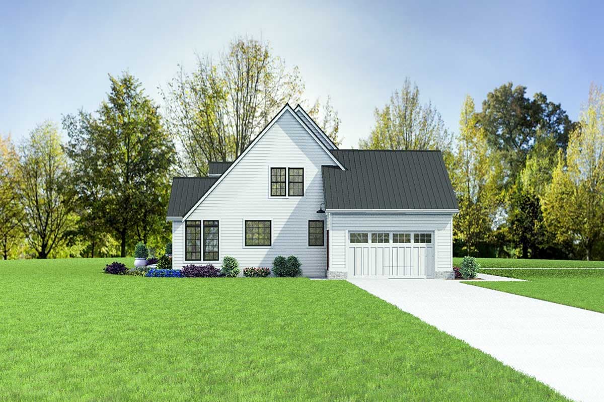House plan exterior: Modern Farmhouse style, two stories, white siding, gable roof, and attached two-car garage with paneled door.