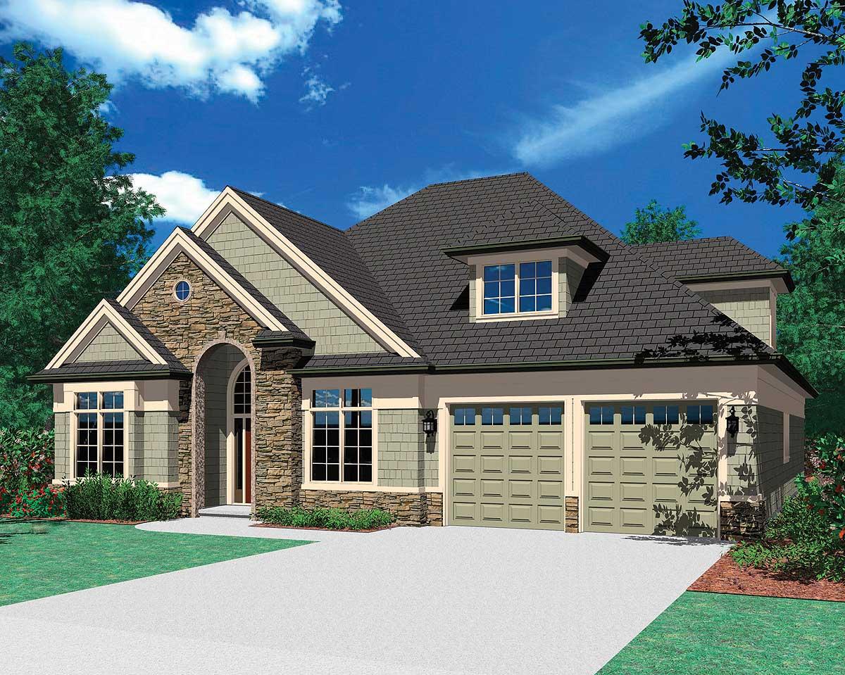 House plan exterior: Two-story Modern Farmhouse with arched stone entryway, two gables, and a dormer window above a three-car garage.