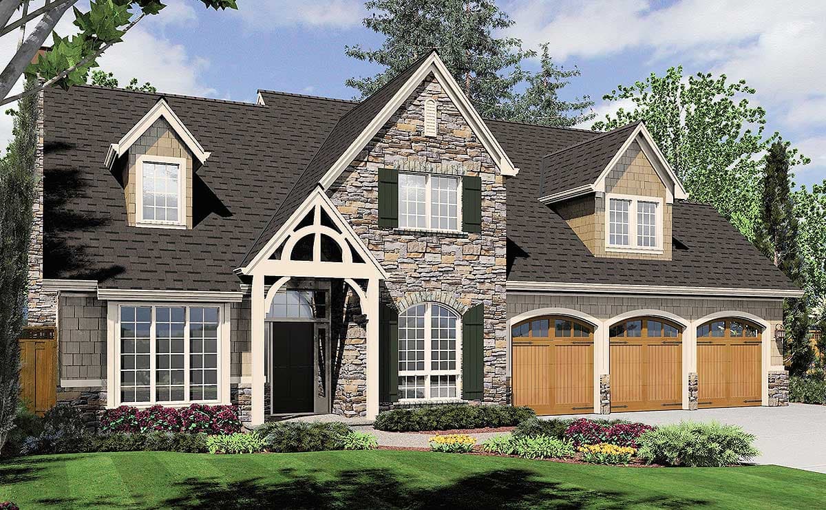 House plan exterior with stone and shingle siding, prominent gables, dormers, and three-car garage.