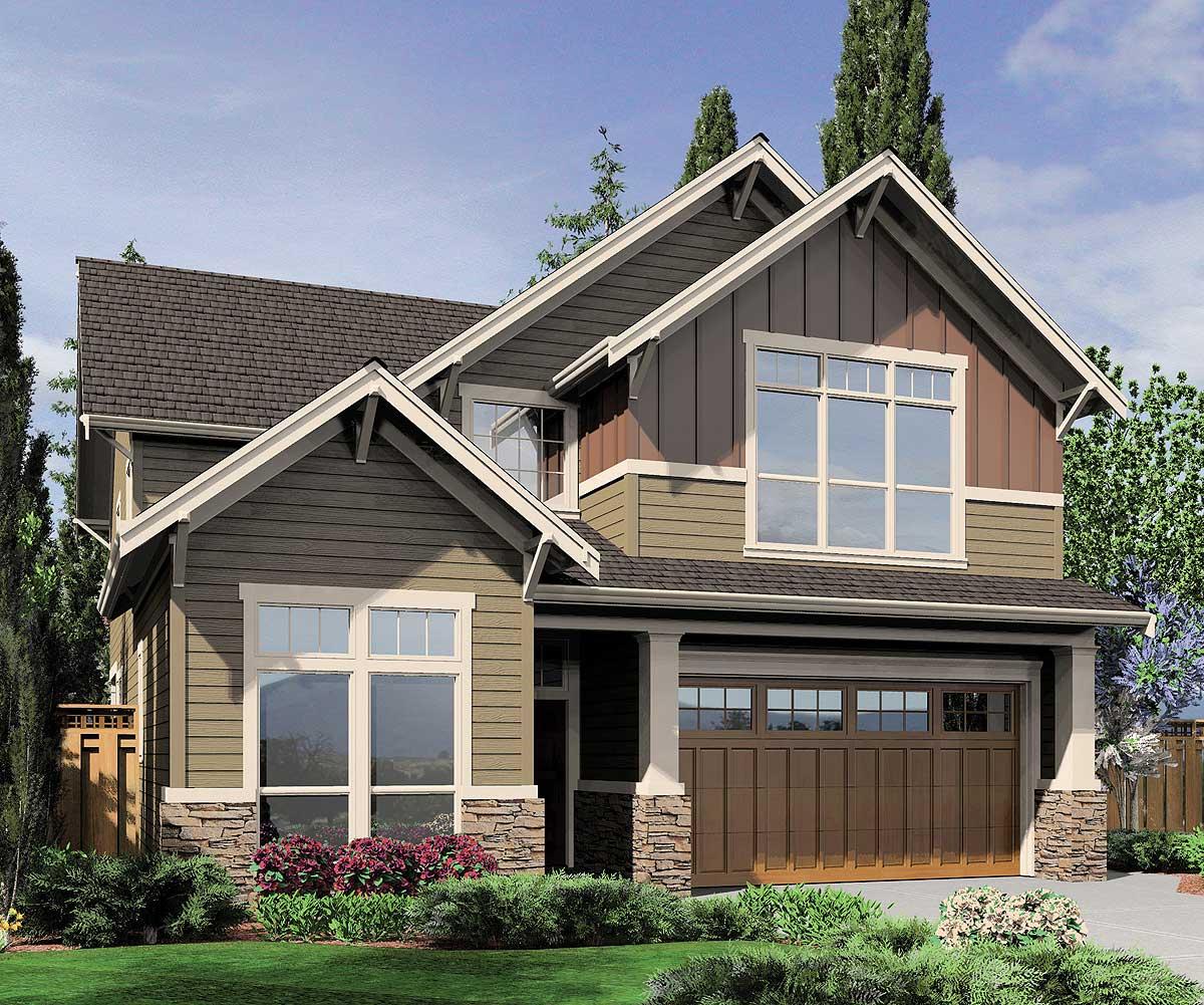 House plan exterior shows a two-story home with gables, stone accents, and a two-car front-facing garage.