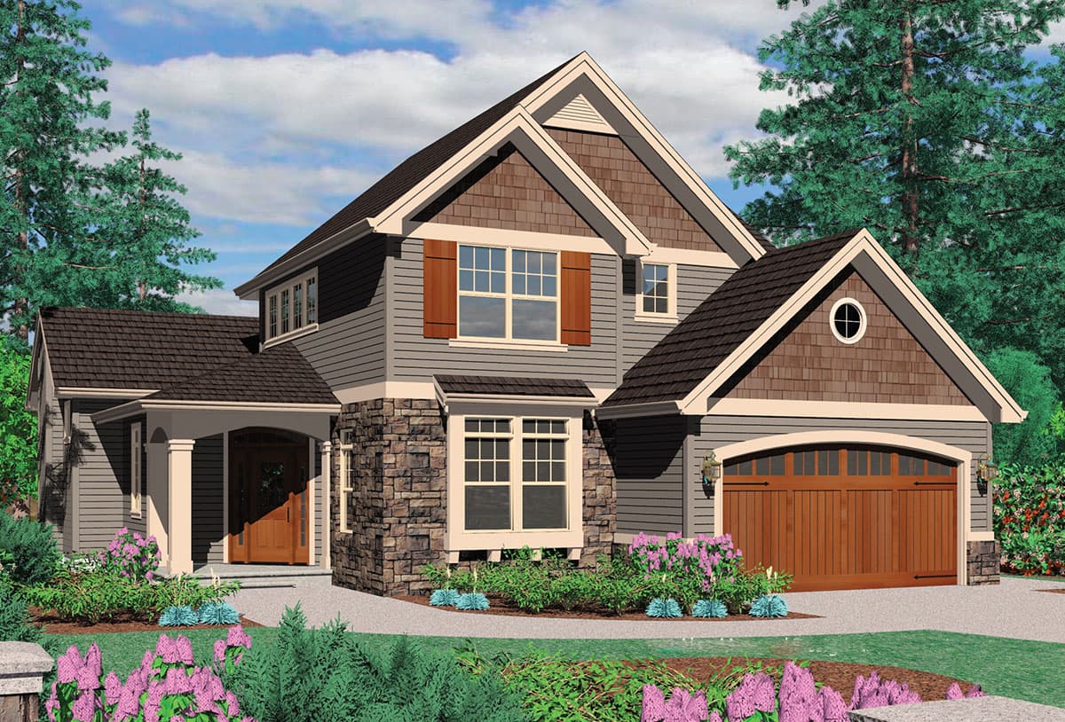House plan exterior: two-story dwelling with stone base, covered entry porch, prominent gables, and arched garage door.