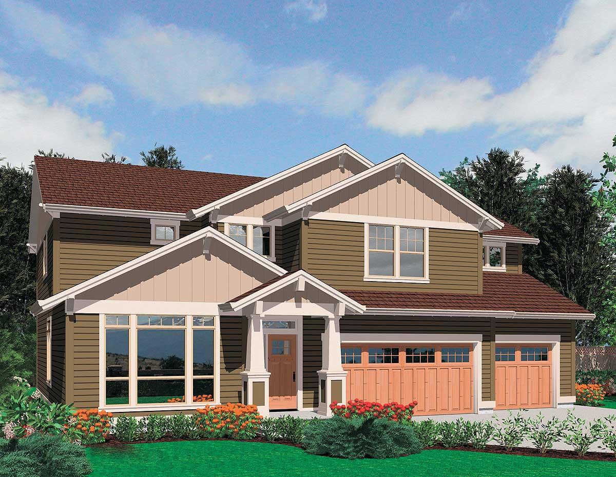 House plan exterior: Two-story home with multiple gables, a covered entry porch, large bay window, and a three-car garage.