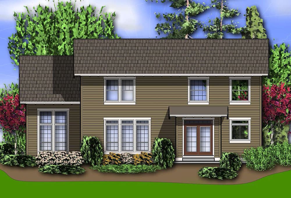 House plan exterior of two-story home with hip roof, central entry with awning, and multiple double-hung windows.