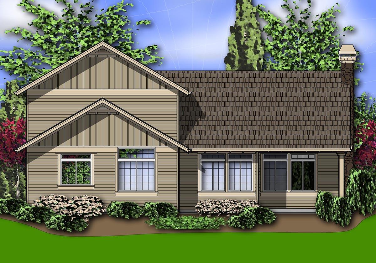 House plan exterior: Two-story home with gable roof, stacked stone chimney, and horizontal siding.