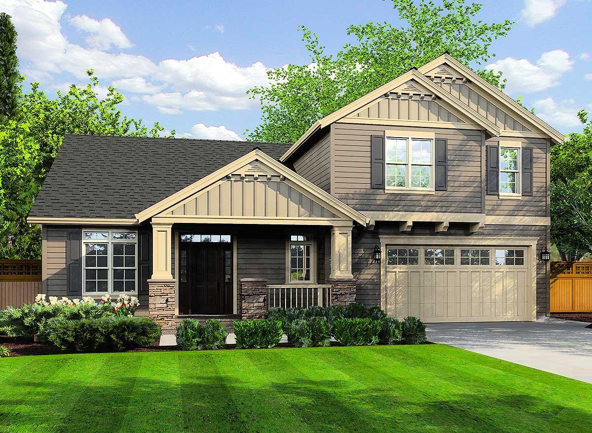 House plan exterior featuring Craftsman style, two stories, front porch with stone columns, gables, and attached garage.