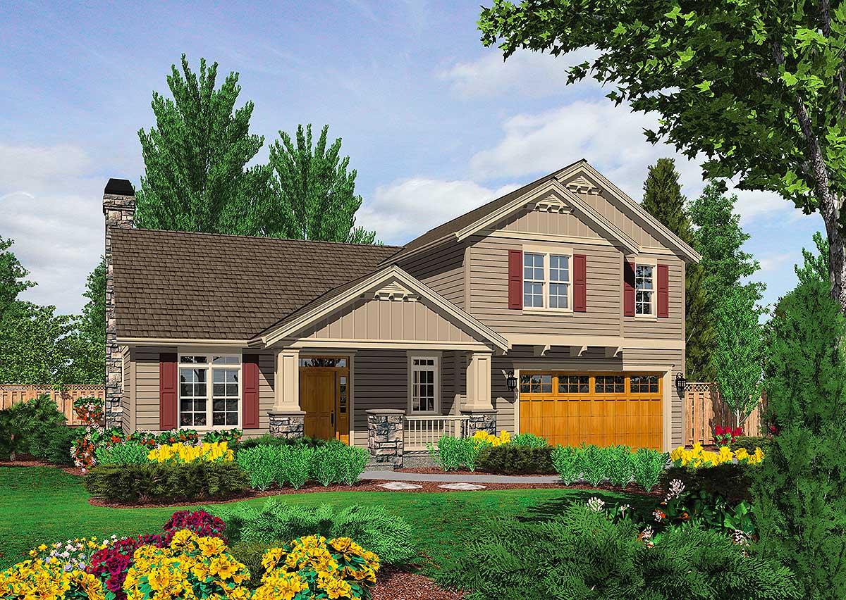 Craftsman house plan exterior with covered porch, stone accents, gable rooflines, and a two-car garage.