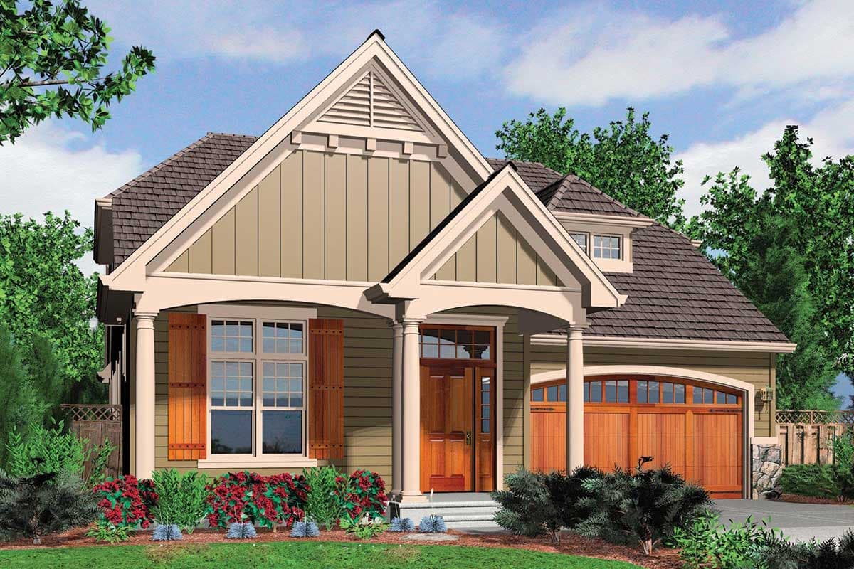 House plan exterior: Craftsman style, one story, prominent gable with louvers, covered entry with columns, and arched garage door.
