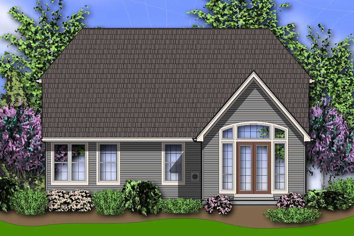 House plan exterior: Gable roofline, arched entryway with double doors, and multiple windows on a gray-sided structure.