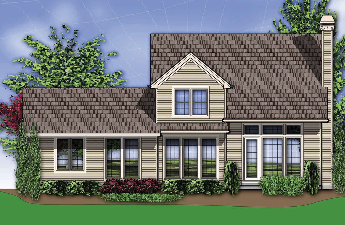 House plan exterior rendering showing a two-story home with gabled dormer, bay windows, and a prominent chimney.
