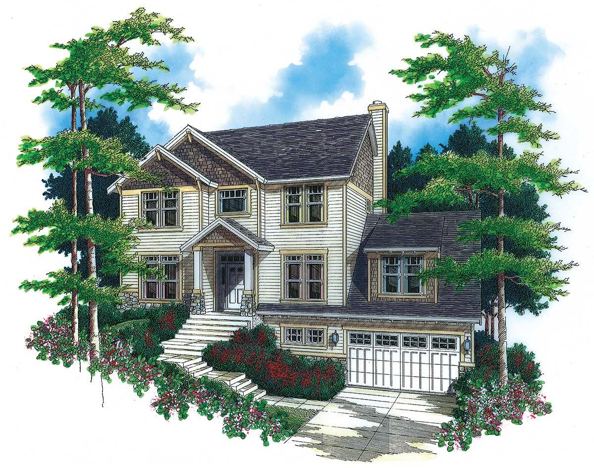House plan exterior: two-story dwelling with gabled dormers, covered porch, stone foundation, and attached two-car garage.