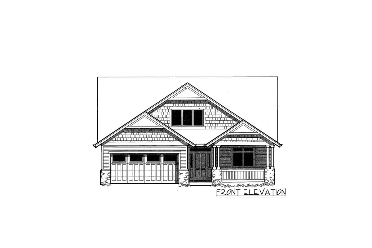 Front elevation of a two-story house plan with a prominent gable, a covered front porch, and a side-facing garage.