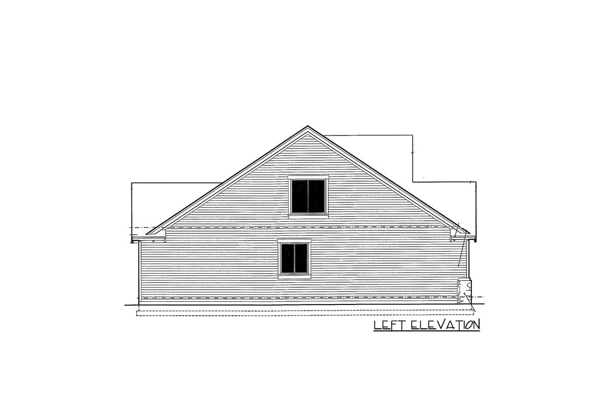 Left elevation drawing of a two-story house plan with a prominent gable roof and two visible windows.