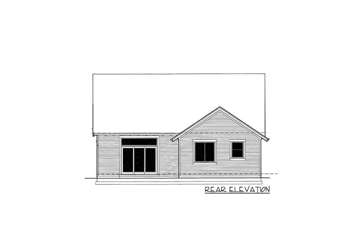 Rear elevation drawing of a house plan showing siding, a gable roof, large sliding glass doors, and two windows.