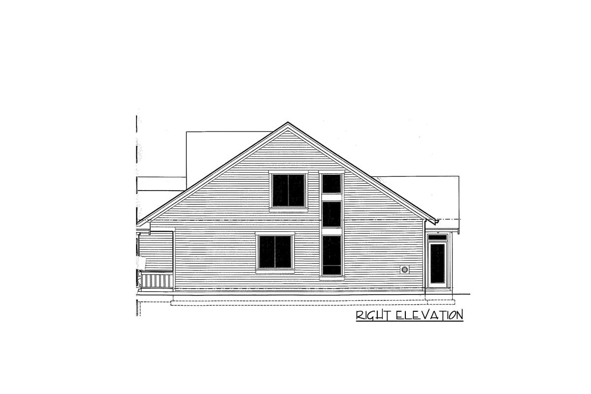 Right elevation drawing of a house plan featuring a gable roof, multiple windows, and a side entrance.