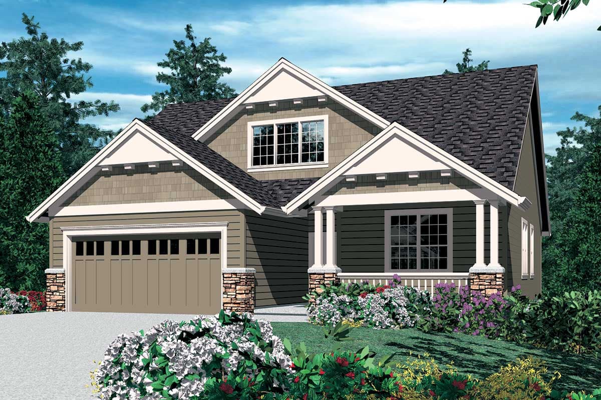 House plan exterior: Two-story Modern Farmhouse with covered front porch, gabled dormer, and attached garage.