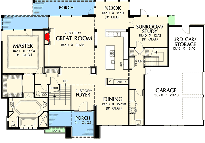 Plan 69064AM: 4-bed Prairie House Plan with Two Story Great Room - 3700 Sq Ft - Floor Plan - Main Level - Northwest, Prairie