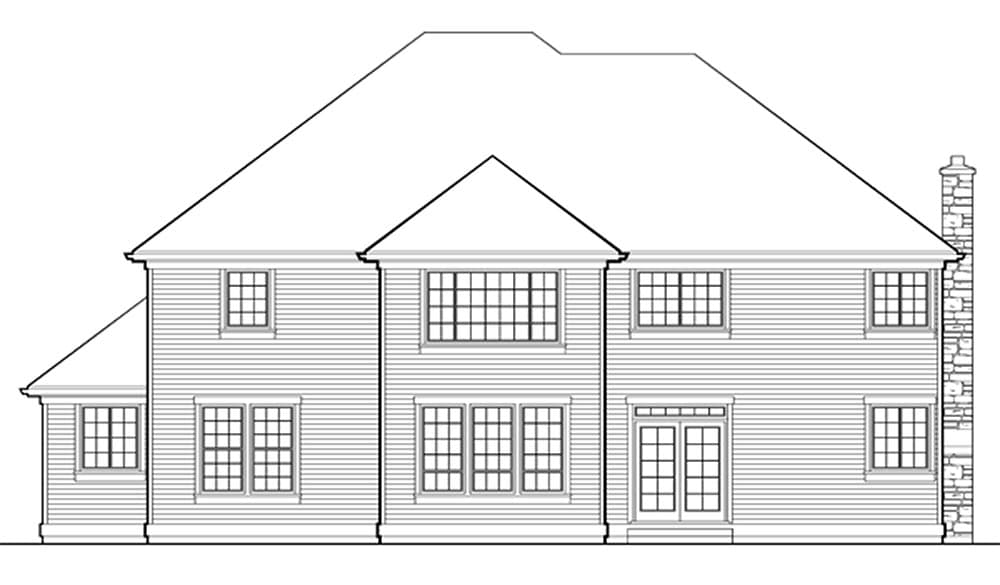House plan exterior elevation shows a two-story structure with a gable, multiple grid windows, double doors, and a stone chimney.