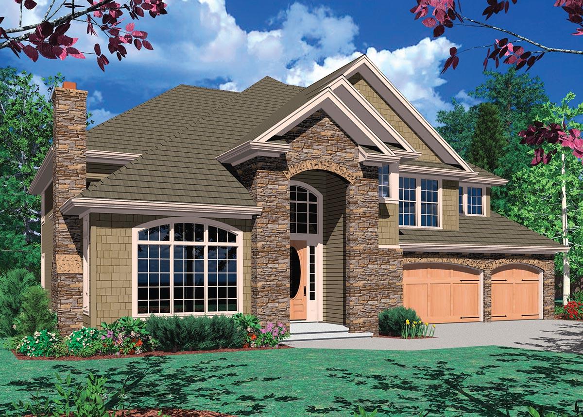 House plan exterior: Two-story home with stone accents, arched entryway, large bay window, and a triple-bay garage.