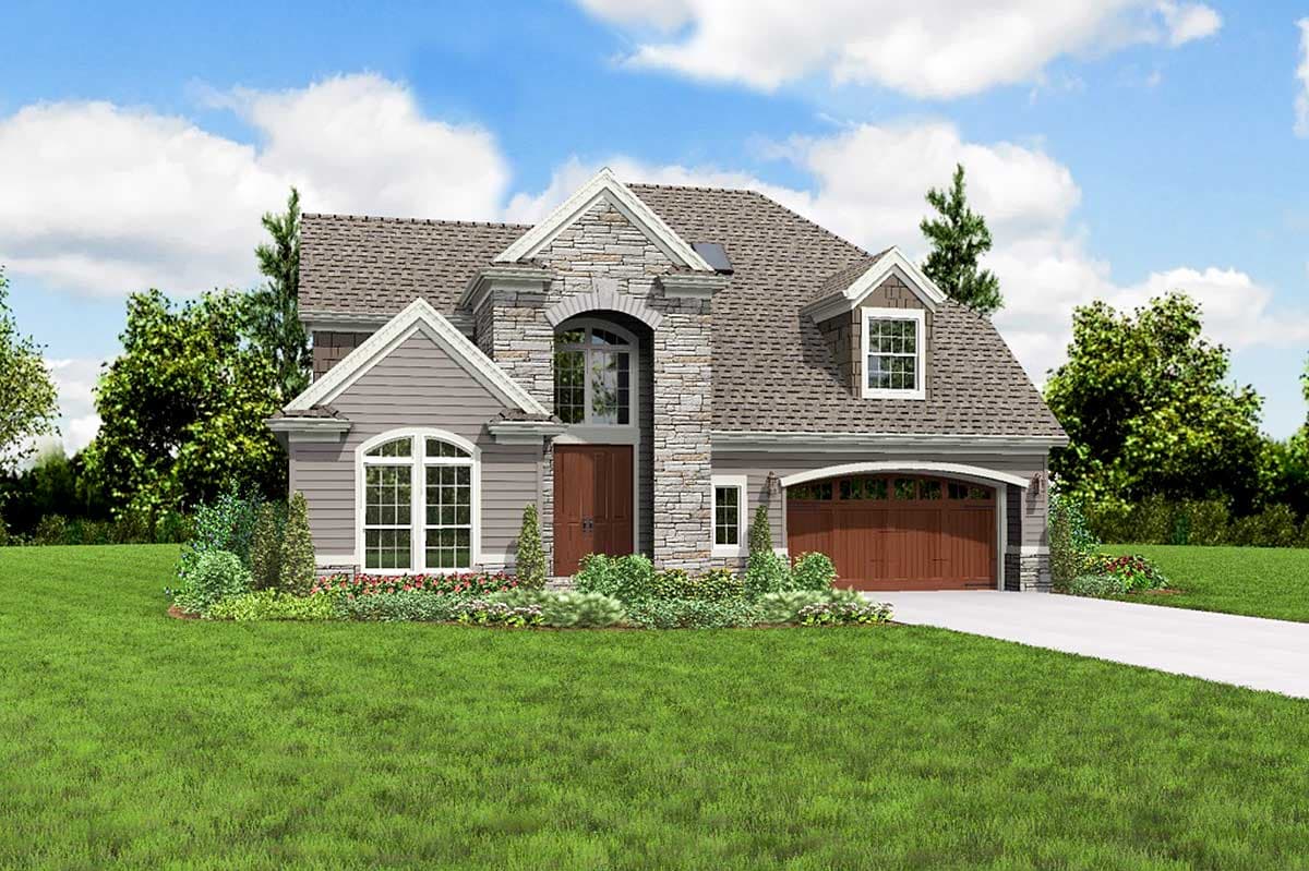 House plan exterior: Two-story home with stone accents, arched entryway, dormer, and attached two-car garage.