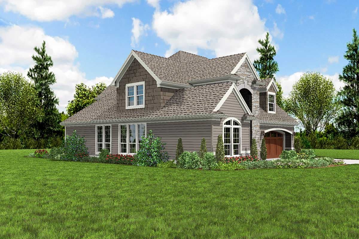 House plan exterior: Two-story residence with arched entry, dormer windows, shingle siding, and attached garage.