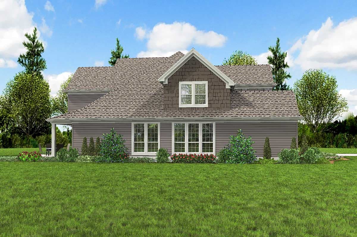 House plan exterior: Two-story, Modern Farmhouse style with hip roof, gabled dormer, covered porch, and multiple windows.
