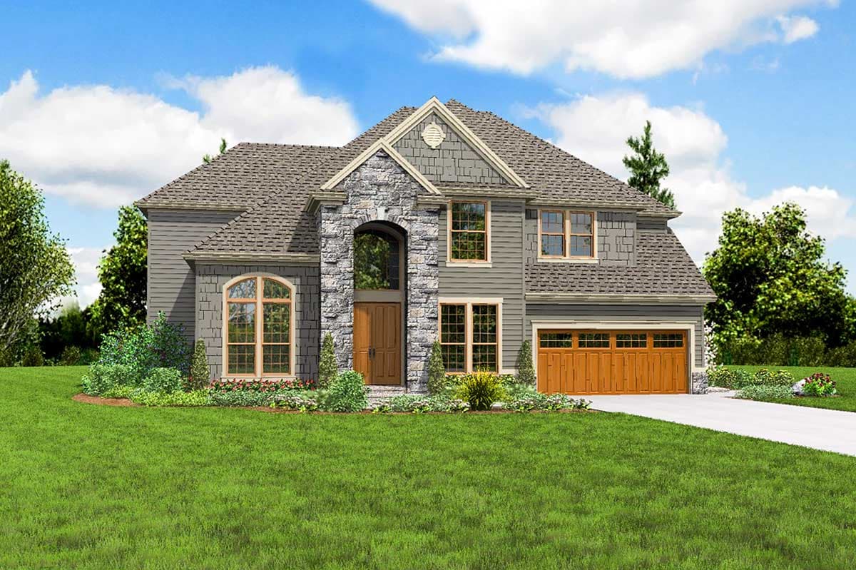 House plan exterior: Two-story home with stone-clad arched entryway, gable dormer, and attached two-car garage.