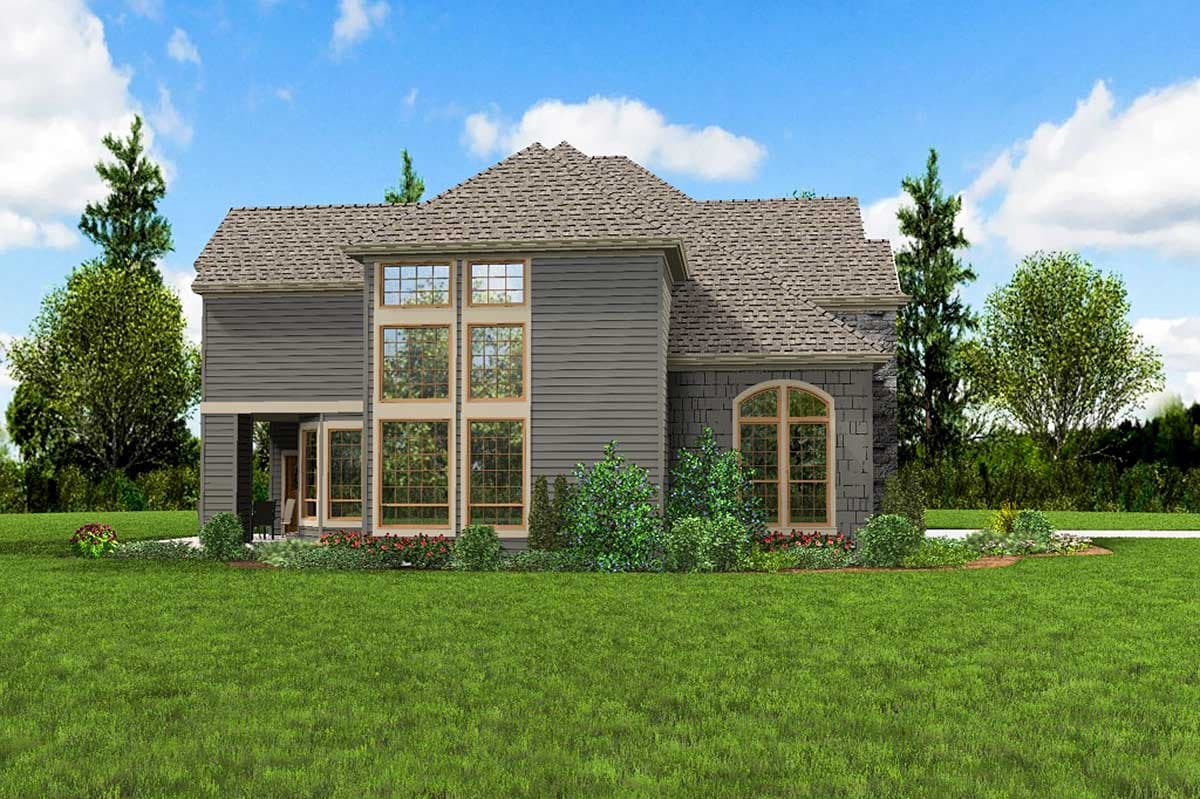 House plan exterior: Two-story home with stacked windows, gabled roof, arched window, and stone accents.