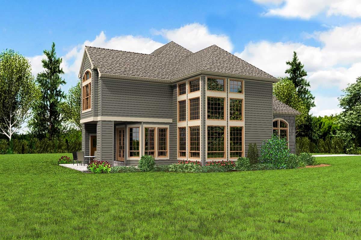 House plan exterior rendering of a two-story home with a prominent multi-panel window bay, arched gable window, and covered porch.