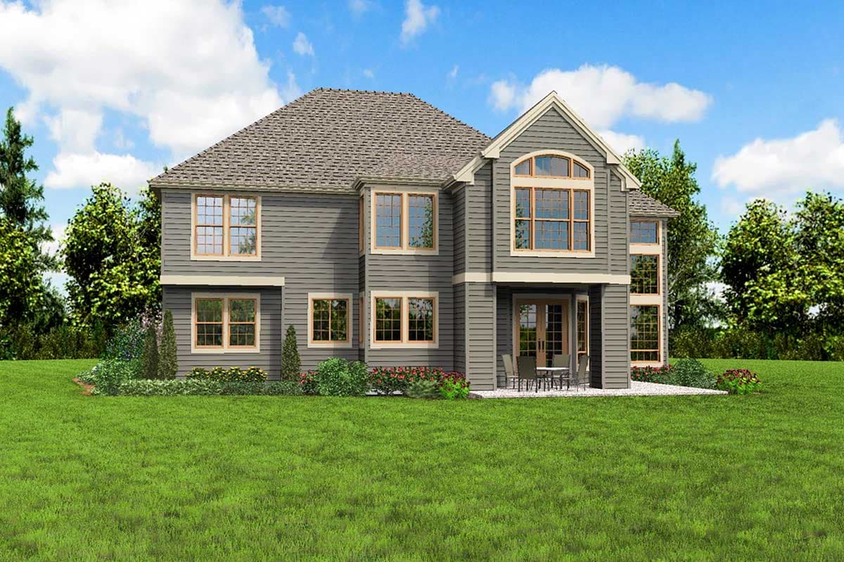 House plan exterior: Two-story home with gray siding, multiple gables, numerous windows, and a covered patio.