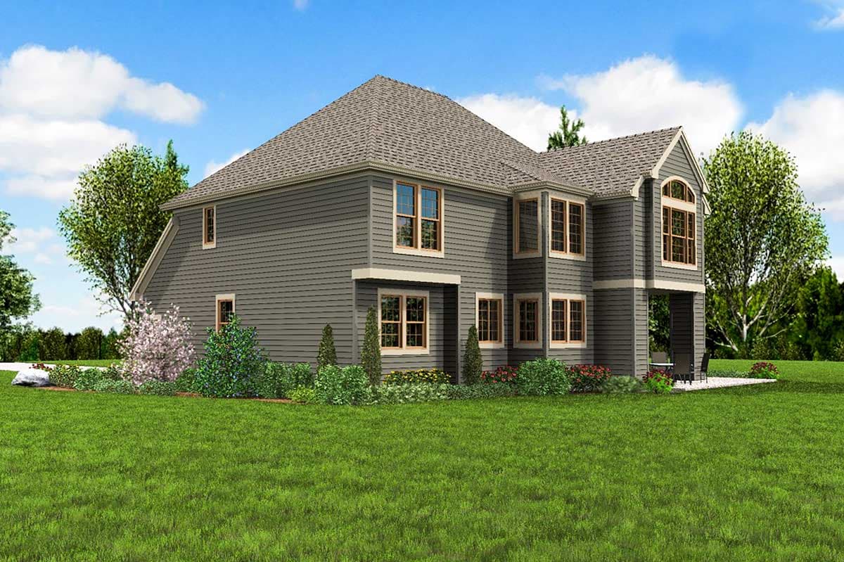 Two-story house plan exterior with gables, multiple bay windows, and a covered rear patio.