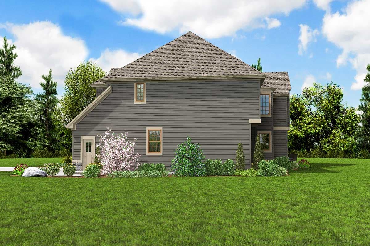 House plan exterior, two stories, featuring horizontal siding, a prominent gable roof, and multiple windows.