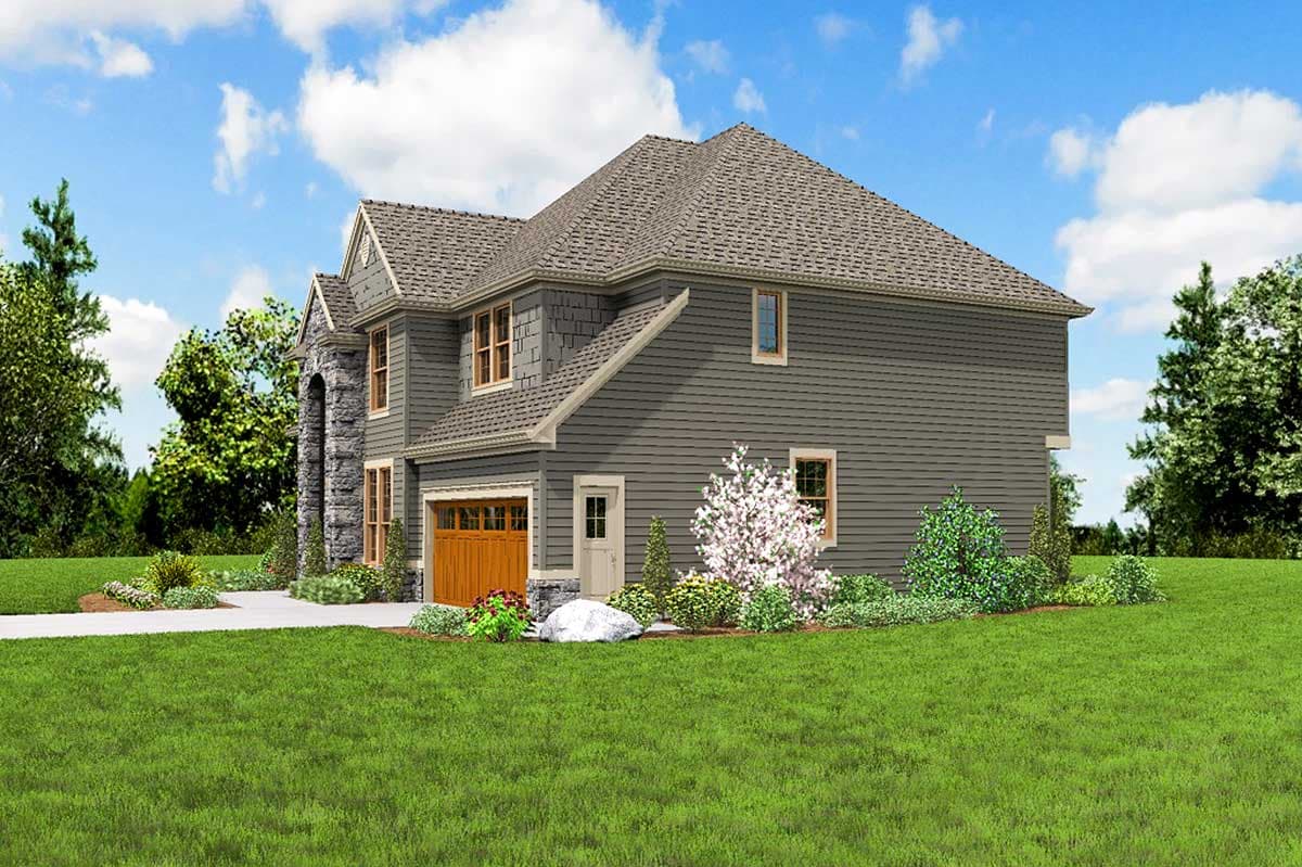 House plan exterior: Two-story home with stone accents, gabled dormers, double garage door, and covered entry.