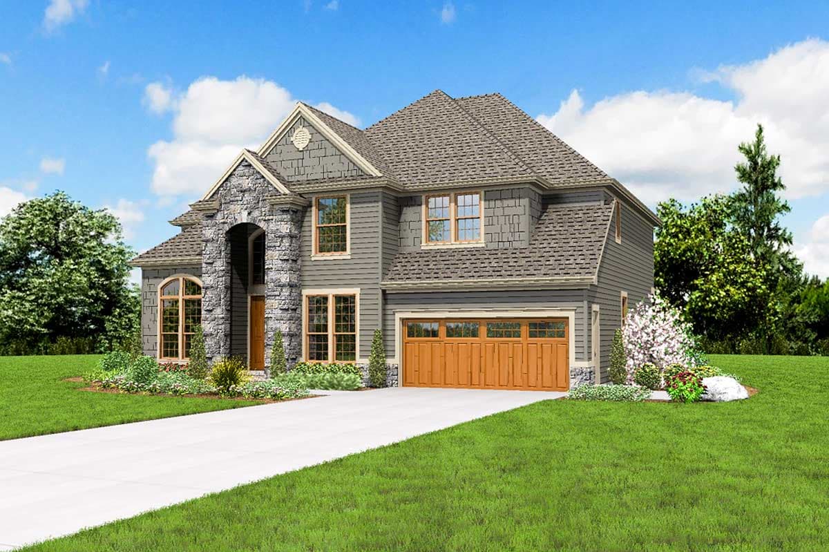 Two-story house plan exterior with stone-clad arched entryway, wide garage, and multiple gables.