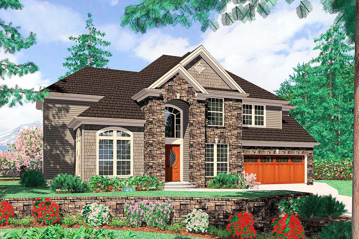 House plan exterior with stone facade, two stories, gable roof, arched entryway, and attached garage. Includes dormers and stone detailing.