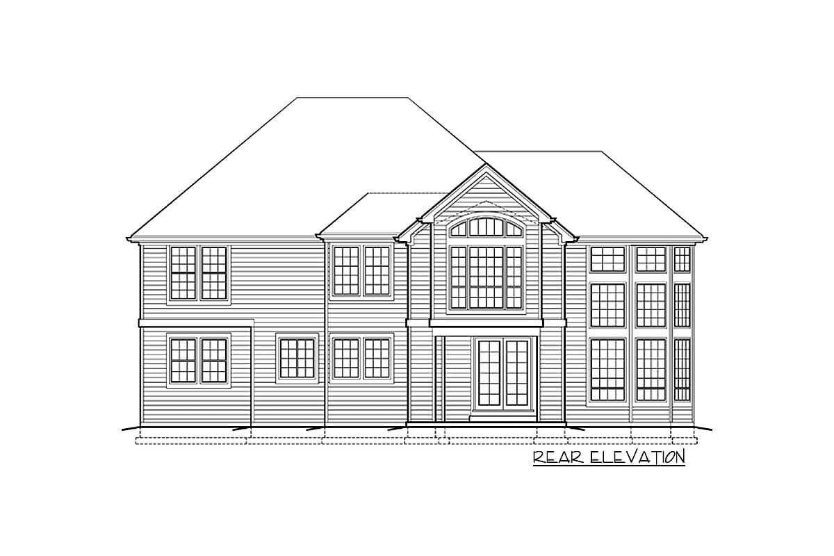 Rear elevation floor plan of a two-story house with multiple gables, many grid windows, and a central dormer with arched window.