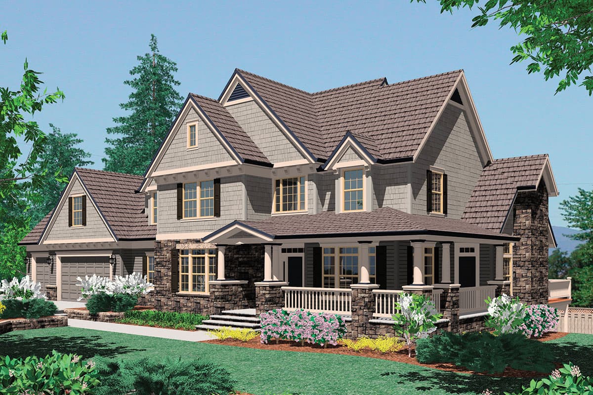 House plan exterior. Two-story Craftsman home with a front porch, multiple gables, stone accents, and an attached garage.
