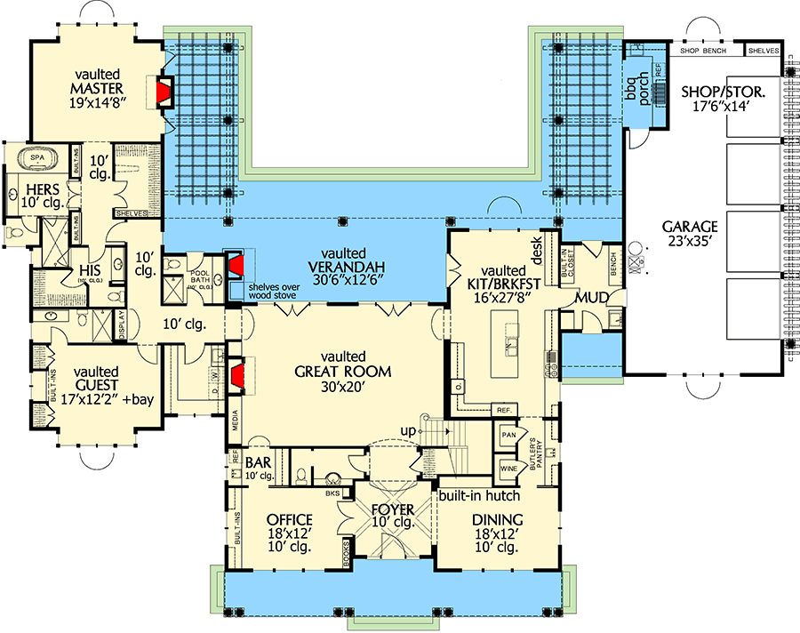 Plan 69079AM: Rambling And Rustic Shingle Style House Plan - 4790 Sq Ft - Floor Plan - Main Level - Country, Farmhouse, Shingle, Traditional