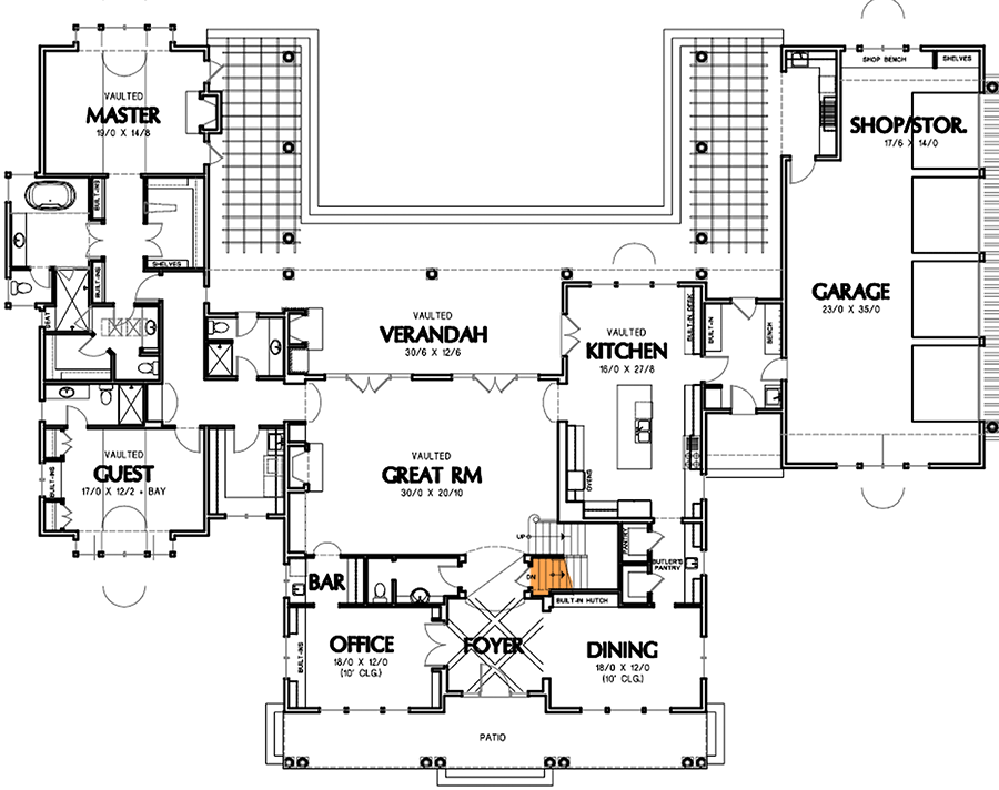 Plan 69079AM: Rambling And Rustic Shingle Style House Plan - 4790 Sq Ft - Floor Plan - Basement Stairs - Country, Farmhouse, Shingle, Traditional