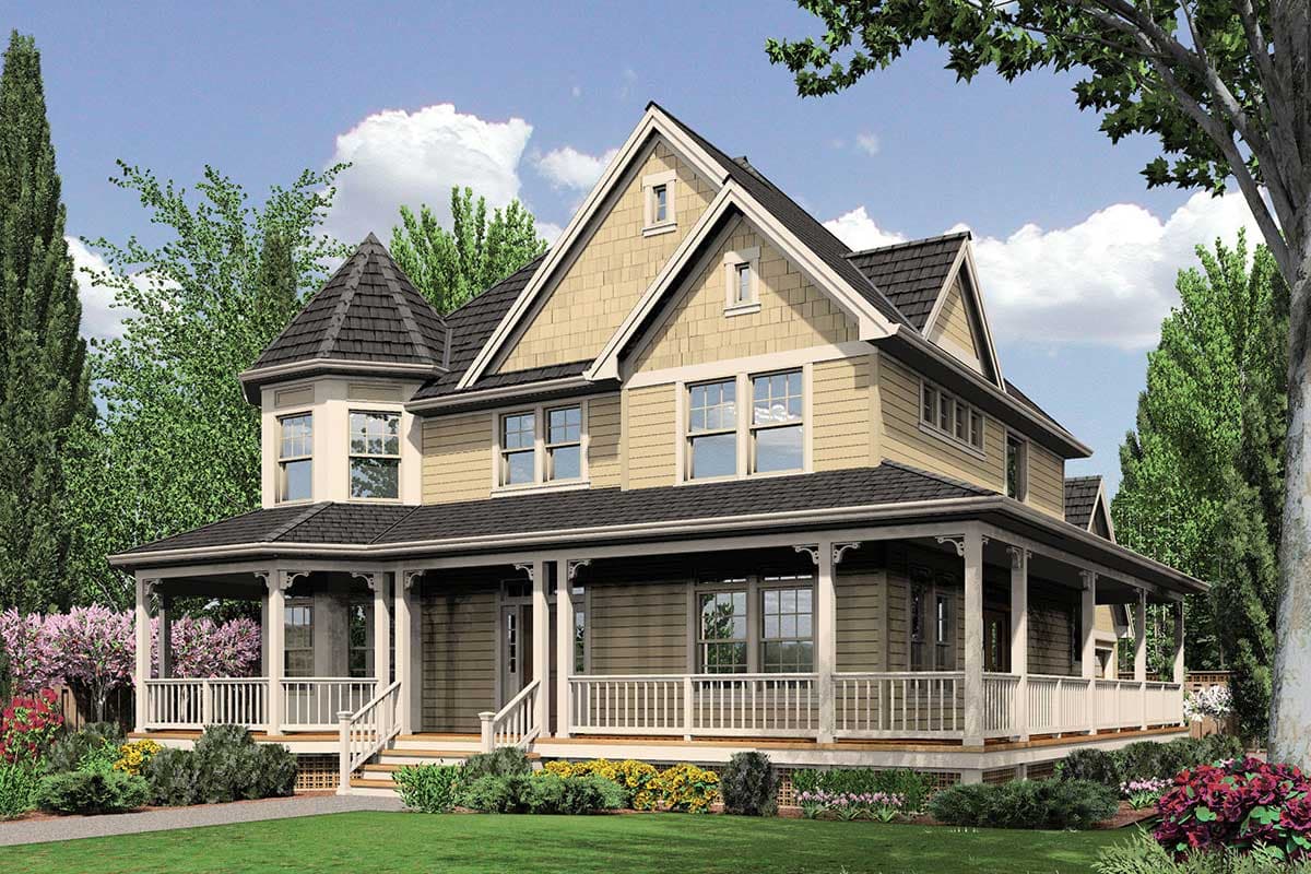 House plan exterior: two-story home with wraparound porch, turret, and multiple gables.